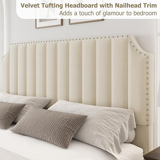 GarveeHome King Size Platform Bed Frame with 50.2 in Headboard, Velvet Upholstered Bed Frame with Vertical Channel Tufted Headboard & Footboard, Nailhead Trim, No Box Spring Needed, Cream
