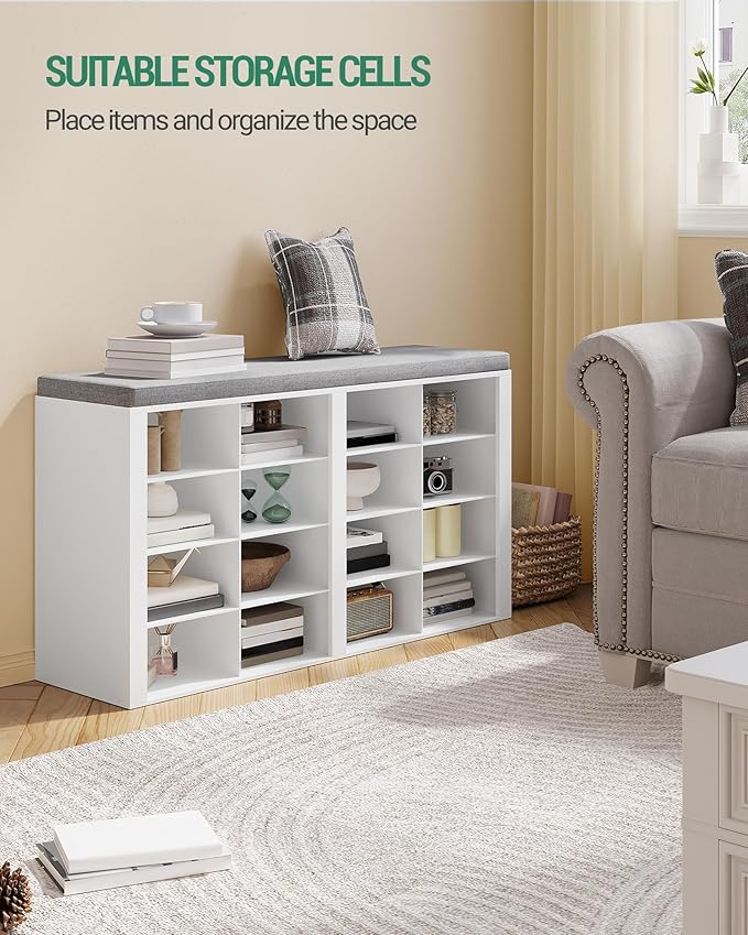 Hzuaneri Shoe Bench with Cushion, Entryway Storage Bench with 16 Cubbies, Cubby Shoe Rack with Adjustable Shelves, Shoe Organizer Cabinet for Living Room, Bedroom, Entryway, White SB25603GY