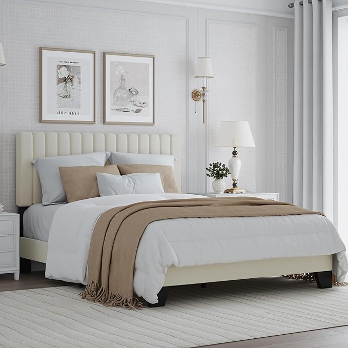 Full Bed Frame, Velvet Upholstered Platform Bed Frame with Adjustable Headboard, Vertical Quilted Design, Sturdy Slatted Mattress Base, Easy to Assemble, White