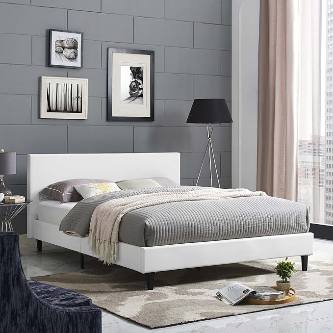 Modway Anya Upholstered White Faux Leather Full Platform Bed with Wood Slat Support