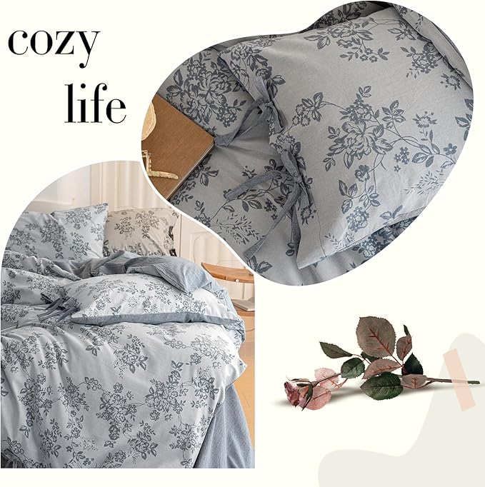 VM VOUGEMARKET Linen Duvet Cover Queen Monet Style Floral Duvet Cover Set,Jacquard Textured Comforter Cover 90"x90" with 2 Pillowcases,Navy Blue