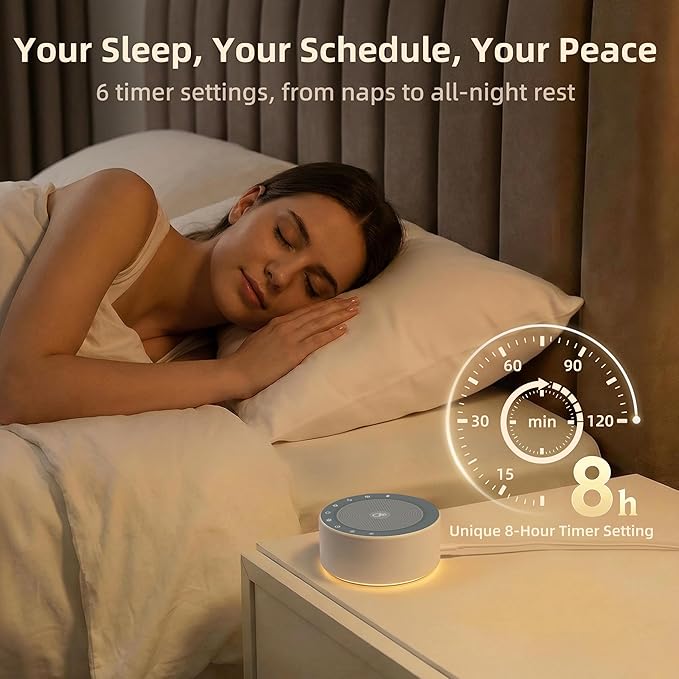 Kipcush White Noise Machine - Soft Non-Glare Nursery Lamp, 30 Soothing Sounds, 8 Color Lights, Max 8-Hour Timer for Baby & Adults (White, Standard)