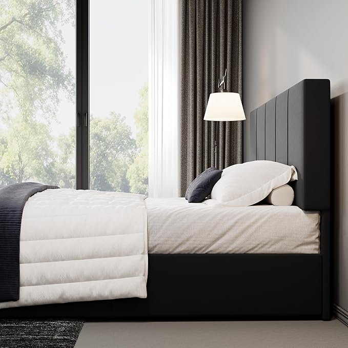 Allewie Queen Size Dutch Velvet Upholstered Platform Bed Frame/Vertical Channel Tufted Adjustable Headboard/Low Profile Bed Frame/No Box Spring Needed/Easy Assembly/Black