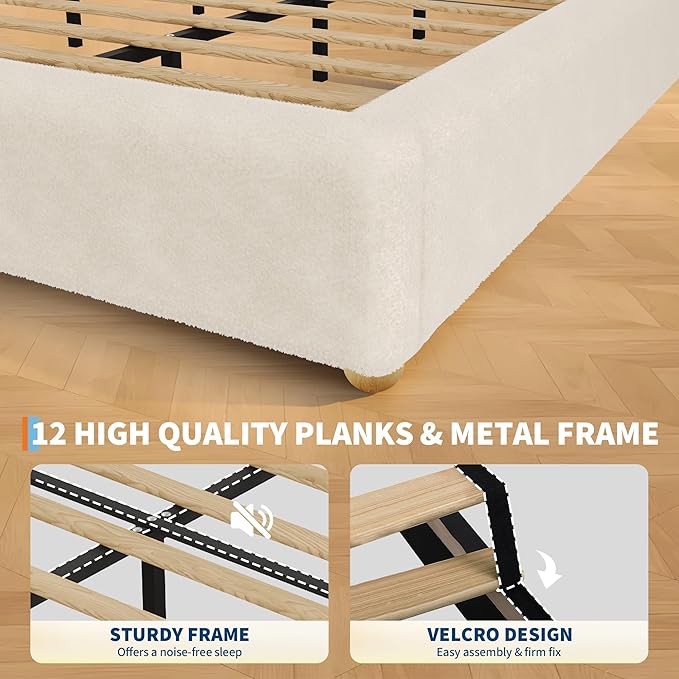 Twin Size Cloud Bed Frame，Teddy Fleece Low Bed Frame Without Headboard, Thick Boucle Fabric Upholstered Platform Bed, Solid Wood Legs, No Box Spring Needed, Never Squeak, Easy Assembly, Cream