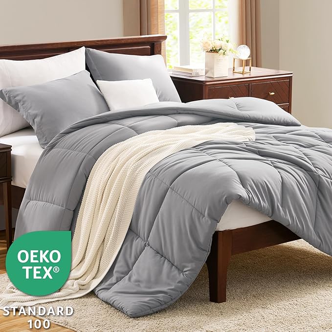 CozyLux King Size Comforter Set - 270GSM Grey Bedding Sets for All Seasons Size, 3 Pieces Box Stitched Bed Set with 1 Down Alternative Comforter and 2 Pillow Shams, Soft, Lightweight, Durable