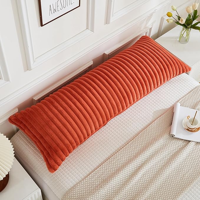 JAUXIO Faux Fur Fluffy Body Pillow Cover Luxury Textured Vertical Stripe Plush Decorative Body Pillowcase, Ultra Soft and Cozy Zipper Closure 21 x 54 Inches, Coral Orange