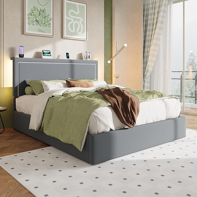 Allewie Queen Size Lift Up Storage Bed Frame with Charging Station & LED Lights, Adjustable Velvet Upholstered Storage Headboard, Type-C & USB Ports, Hydraulic Support, No Box Spring Needed, Grey