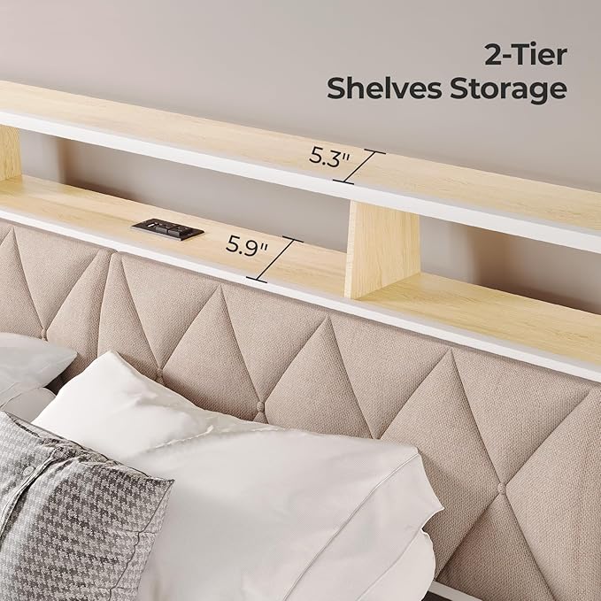 King Headboard Only, Headboard for King Size Bed with Storage, Upholstered Headboards with LED Lights & Charging Station, Attach Frame, Ideal for Bedroom/Dorm/Guest Room, White & Beige