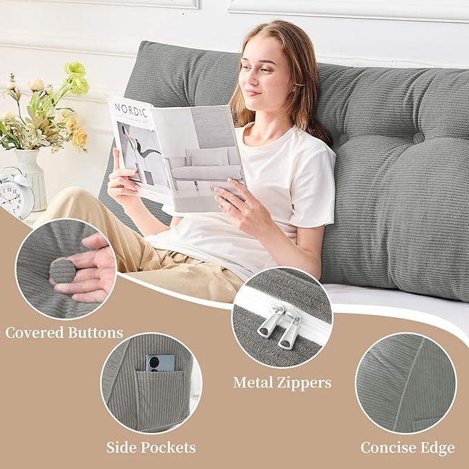 Sasttie Headboard Pillow Twin/Twin XL, Wedge Pillow Headboard for Dorm, Triangular Daybed Backrest Cushion for Sitting or Reading in Bed, with Removable Washable Cover, Light Grey