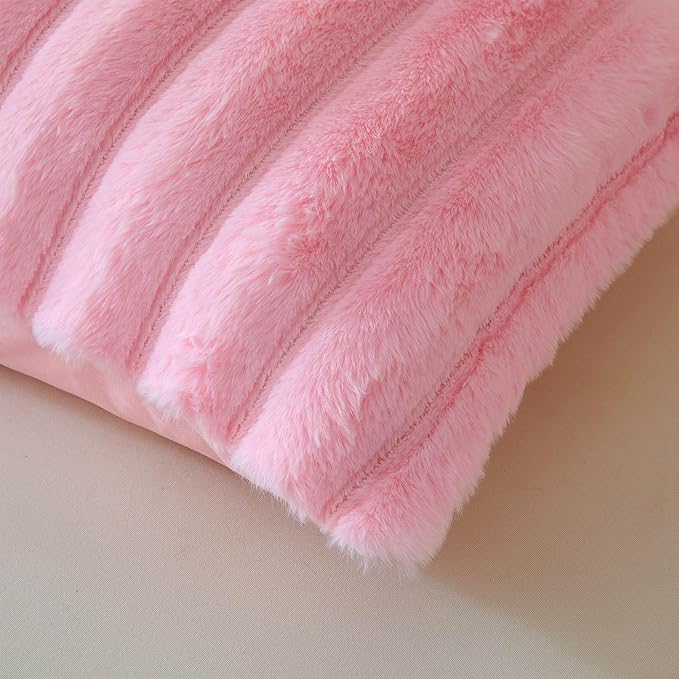 MEGO Fluffy Faux Rabbit Fur Body Pillow Cover, Soft Plush Fuzzy Wide Striped 20x54 Body Pillowcase with Zipper, Home Decorative Shaggy Furry Ribbed Long Pillow Cover for Bed Couch Sofa Bedroom, Pink