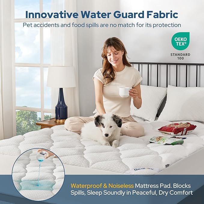 BEDLORE Waterproof Queen Mattress Pad, Quilted Fitted Mattress Topper with Deep Pocket 6"-18", Breathable & Noiseless Mattress Protector Bed Cover Padded, Machine Washable