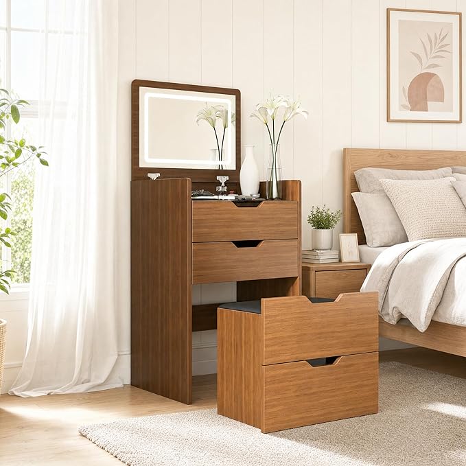 Casaphoria Vanity Desk with Mirror and Lights, 3-in-1 Flip Top Makeup Vanity Table with Stool and Storage, Compact Dressing Table for Small Space, Walnut Finish (18.9 Inch)