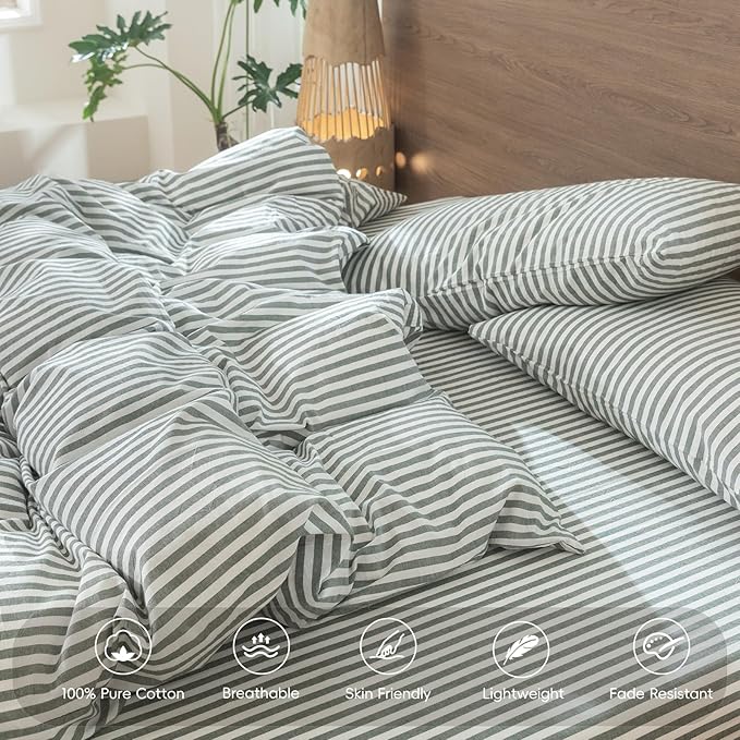 MooMee Striped Duvet Cover Set 100% Washed Cotton Linen Like Textured Breathable Durable Soft Comfy (Heathered Green Classic Stripes, Twin 68"x90")