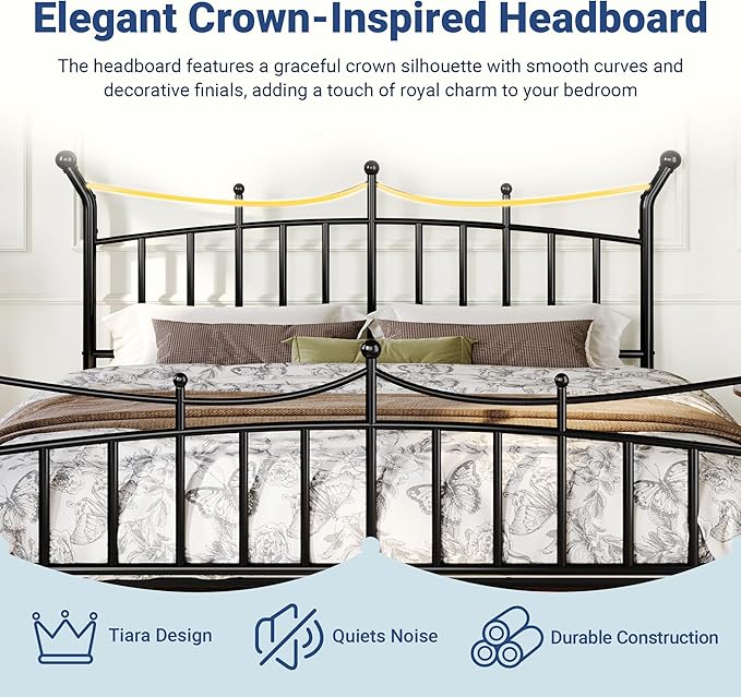Allewie 14 Inches King Size Metal Platform Bed Frame with Elegant Crown Headboard & Footboard, Sturdy Mattress Foundation with Under-Bed Storage, Easy Assembly, No Box Spring Needed, Black