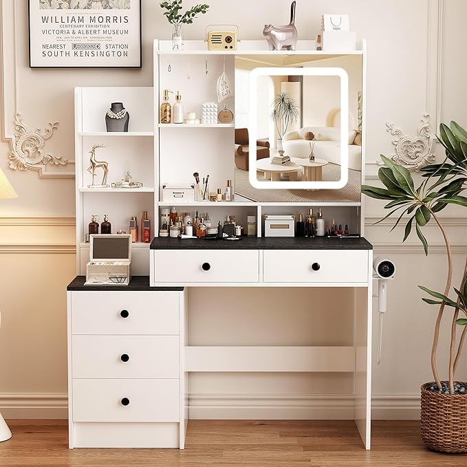 KAMABOKO Vanity Desk with Lighted and Mirror, White Makeup Table with Drawers and Charging Station, 3 Model Adjustable for Bedroom & Dressing Room (042 Black)
