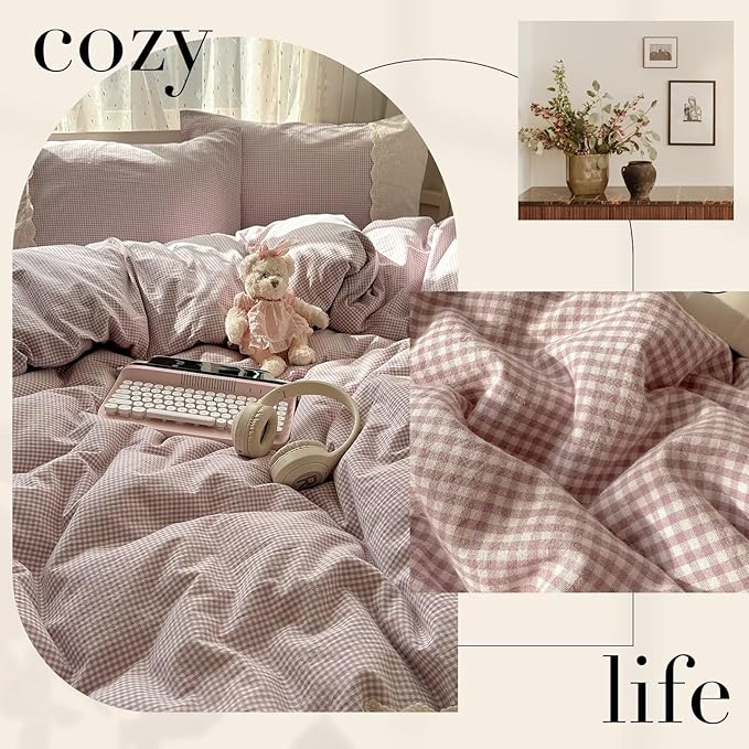 mixinni Purple White Gingham Duvet Cover King Size - 3 Piece Cottagecore Plaid Bedding Set with Lace Trim, Soft Washed Microfiber Vintage Aesthetic Grid Comforter Cover & Pillow Shams