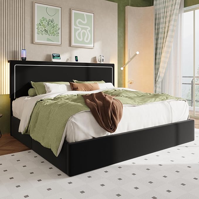 Allewie King Size Lift Up Storage Bed Frame with Charging Station & LED Lights, Adjustable Velvet Upholstered Storage Headboard, Type-C & USB Ports, Hydraulic Support, No Box Spring Needed, Black