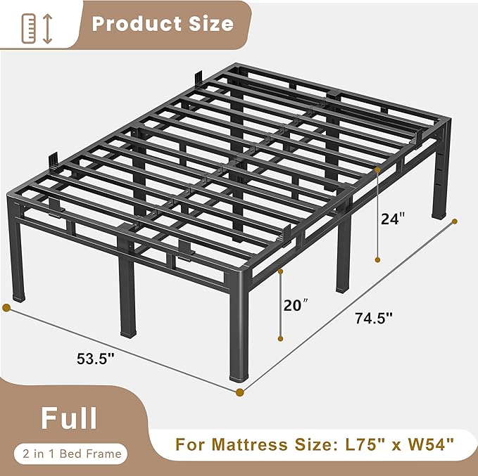 ROIL 24 Inch Full Size Bed Frame, Metal Bed Frame & Box Spring 2 in 1 Platform with Round Corner Legs, 4000LBS Double Layer Bed Frame with Headboard Holes Mattress Baffles, Noise-Free Easy Assembly