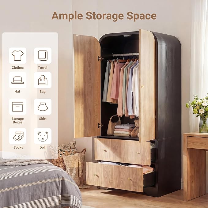 INNOVAR Arched Armoire Wardrobe Closet with 2 Doors,70" Tall Wardrobe Cabinet with 2 Drawers and Hanging Rod,Freestanding Wooden Bedroom Armoires for Bedroom,Gym,Cloak Room,Natural & Black