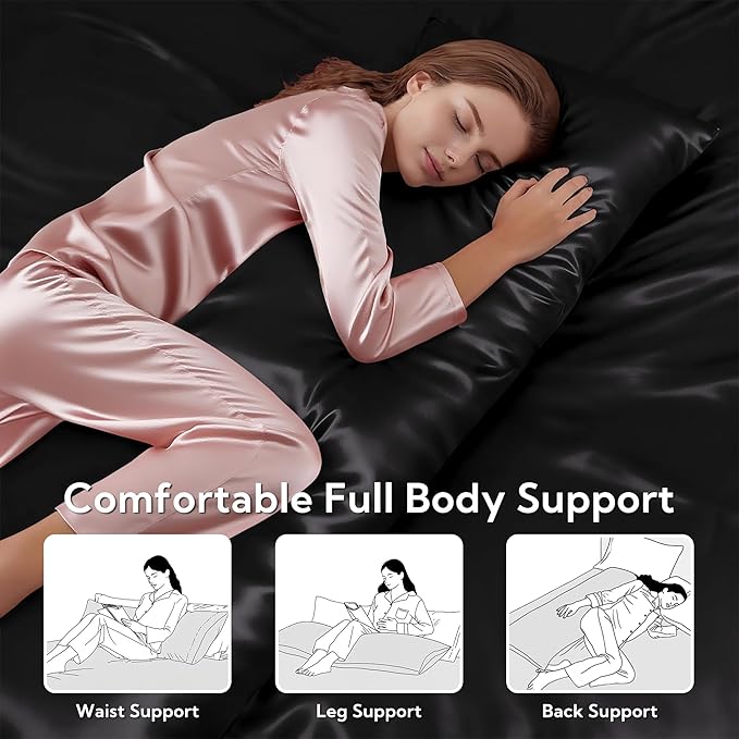 MR&HM Satin Body Pillow Cover, Soft and Breathable Body Pillow Case with Envelope Closure, Cooling and Silky Long Pillowcase for Hair and Skin,Grey (20x54, Black)
