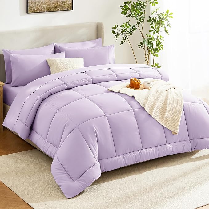 CozyLux Twin XL Comforter Set Lavender, 5 Pieces Twin Extra Long Bed in a Bag for College Dorm, All Season Bedding Set with Stitch Quilted Comforter, Flat Sheet, Fitted Sheet, Pillowcases