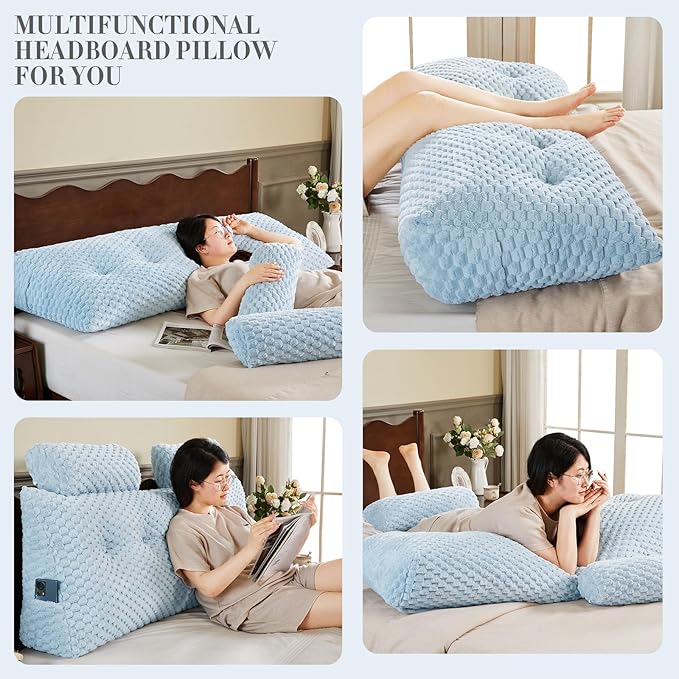 Wedge Headboard Pillow - Bed Wedge Pillow for Headboard Triangular Headboard Pillow with Neck Roll Pillow-Large Bolster Pillow for Sitting in Bed Backrest Positioning Support (Blue,54x8x20 Inches)