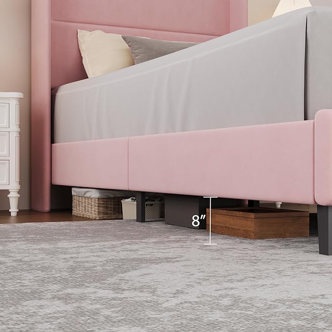 Garvee Twin Size Bed Frame with Wingback Headboard, Velvet Upholstered Platform Bedframe with Wood Slats, No Box Spring Needed, Easy Assembly, Pink