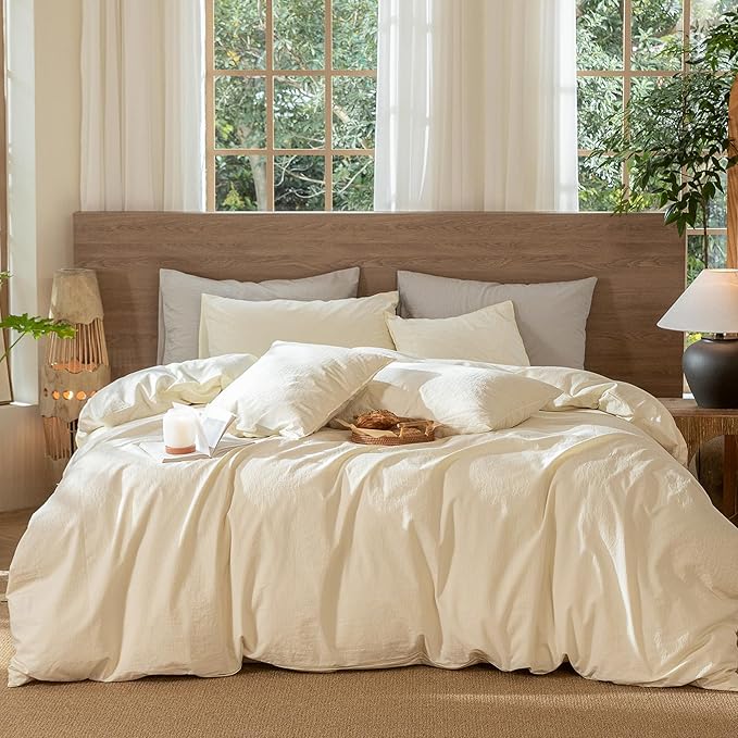 MooMee Wavy Striped Duvet Cover Set 100% Washed Cotton Linen Like Textured Breathable Durable Soft Comfy (Cream White, King 104"x90")