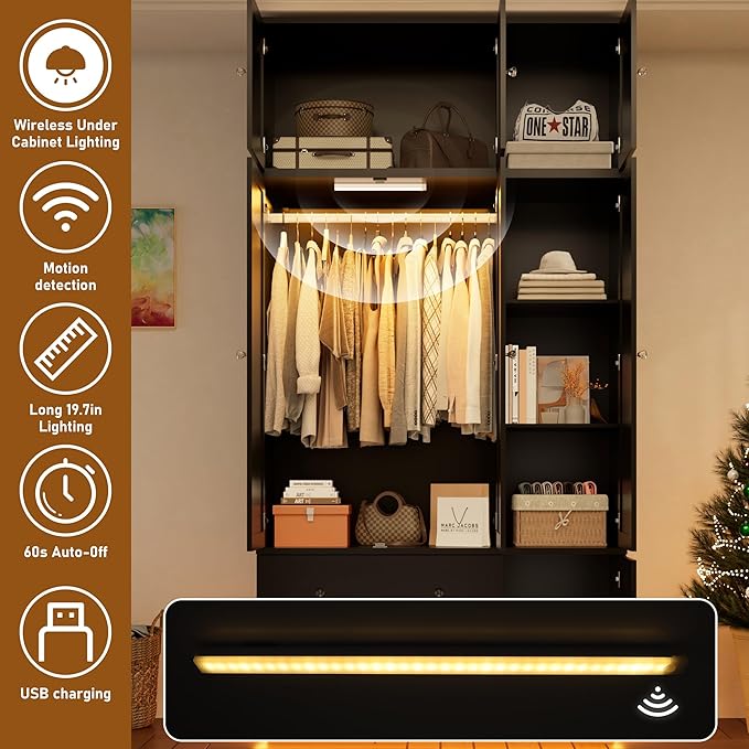 92.2" Tall Armoire Wardrobe Closet with Mirror & Motion Sensor Light, Large Storage Cabinet with 2 Drawers, Hanging Rod & Adjustable LED Strip, Anti-Tipping Wood Bedroom Furniture, 47.4"L, Balck