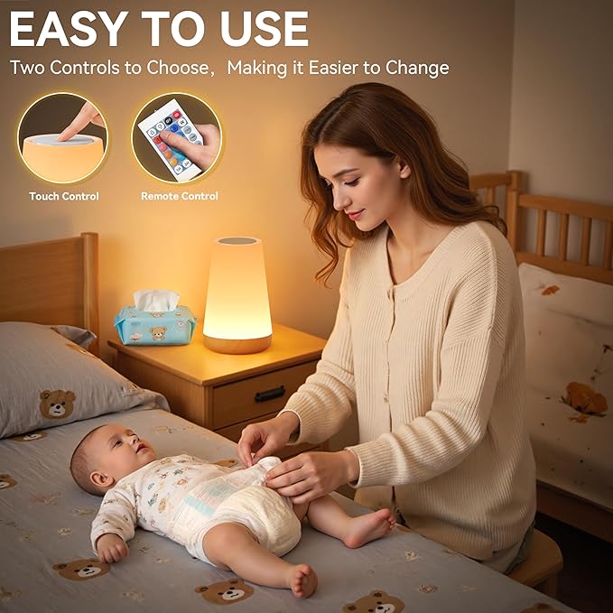 Auxmir Rechargeable LED Night Light, Touch & Remote Control Bedside Lamp with 13 Colors, 5 Brightness Levels, Portable Table Lamp for Kids Baby Nursery, Bedroom, Bathroom, Camping, Light Brown-2 Pack