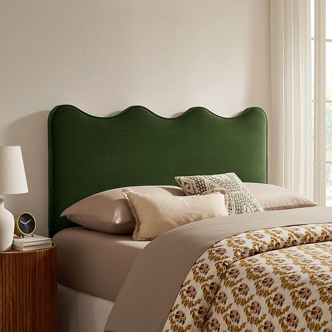 Monday Athena King Size Performance Velvet Adjustable Headboard in Moss Green - with Scalloped Wave Design and Stain-Resistant Velvet Upholstery