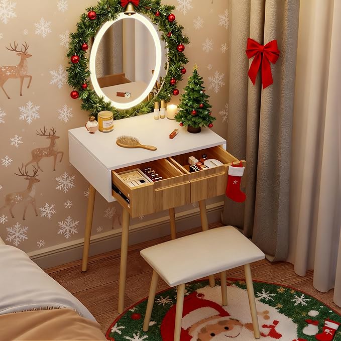 Pamapic Small Makeup Vanity Desk with Mirror and Lights, Girls Vanity with Cushioned Stool, 3 Lighting Modes Dressing Table, Compact Make Up Table with Drawers Bedroom, Natural Oak