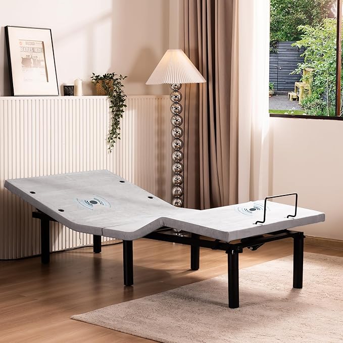 Fromann Adjustable Electric Twin XL Bed Base Frame with Massage, USB Type-C Ports, Zero Gravity, Under Bed Led Lighting and Three Leg Height (Grey)