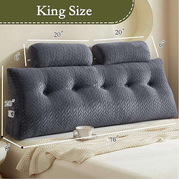 YOUR MOON Wedge Headboard Pillow King Size, Triangular Wedge Backrest Pillow with 1 Pack Neck Roll Pillows, Headboard Pillow for Bed,Daybed,and Lounging, Large Bed Bolster Pillows,Dark Gray