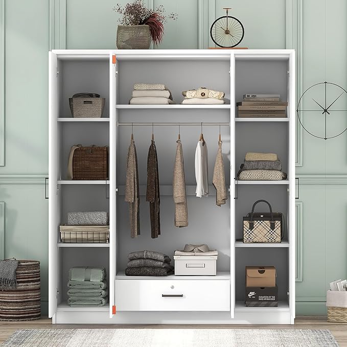 67.9" H Large Wardrobe Closet with 4 Doors, Freestanding Armoire Wardrobe Closet with Locking Drawer, Shelves and Hanging Rod, Wooden Bedroom Coat Closets Cabinet for Clothes, White