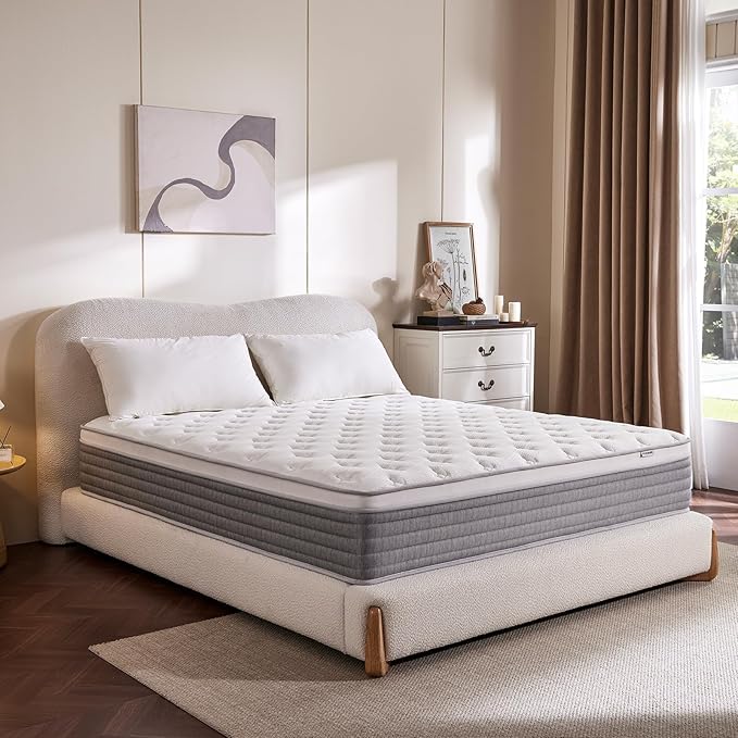 10 Inch Queen Mattress, Comfort Foam & Pocket Coil Hybrid Mattress in a Box, Medium Firm Cooling Breathable Knit Cover, Motion Isolation & Edge Support, Gray & White