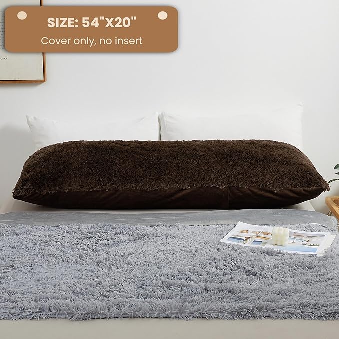 MEGO Shaggy Plush Body Pillow Cover, Faux Fur Fluffy Body Pillowcase, 20x54 Boho Fuzzy Full Body Pillow Case, Furry Long Big Throw Pillow Sham with Zipper for Home Bedding Couch Living Room Brown