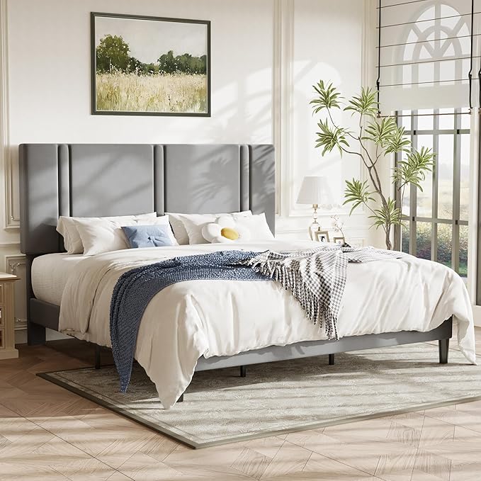 Allewie King Size Platform Bed Frame with Adjustable Headboard, Plush Velvet Upholstered, Vertical Channel Tufted, Sturdy Wooden Slats, No Box Spring Needed, Easy Assembly, Grey