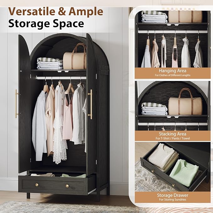 VINGLI Arched Wardrobe Closet Armoire with Doors and Drawer, 70" Tall Wooden Wardrobe Cabinet,Clothing Storage Cabinet, Large Capacity Storage, Black