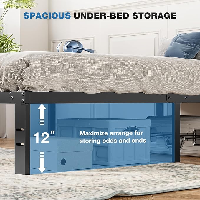 OLIXIS Metal Twin Bed Frame - 14in High with Storage Space, No Box Spring Needed with Sturdy Steel Slat Support, 800LBS Heavy Duty for Easy Assembly, Black for Bedroom