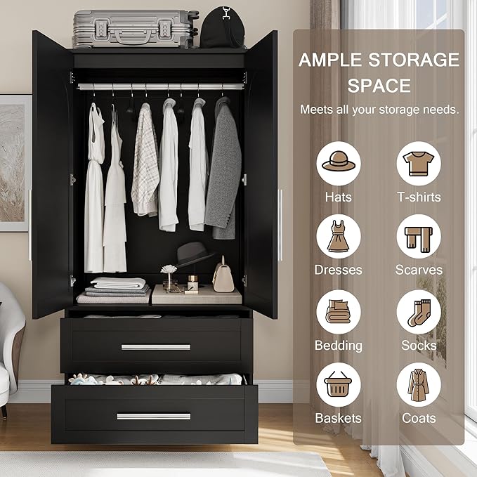 Einhomn Wooden Armoire Wardrobe Closet with 2 Doors and 2 Drawers,Freestanding Armoire Storage Cabinet with Shelves,Tall Clothing Storage Cabinet Suitable for Bedroom,Black