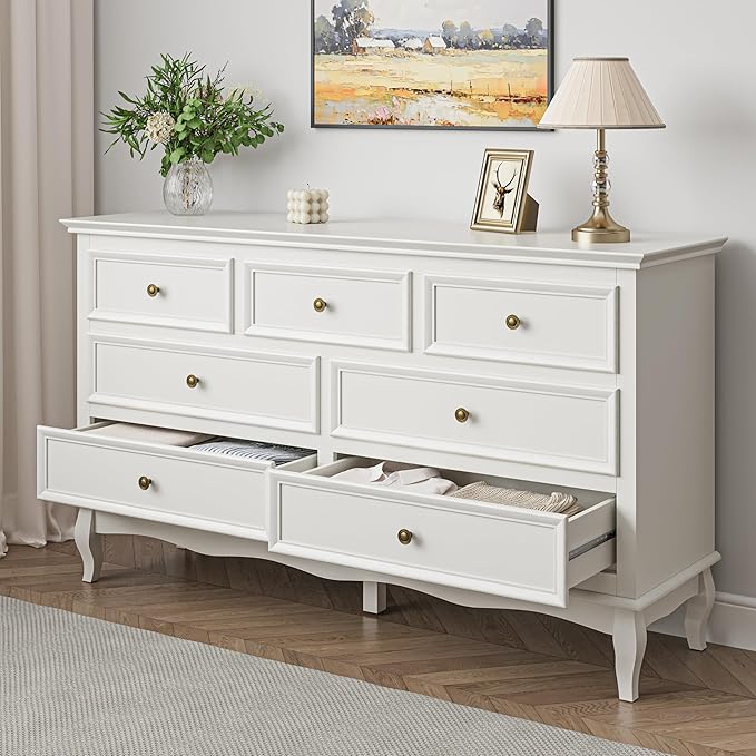 May in Color White 7 Drawer Dresser Set of 2 for Bedroom, Modern Chest of Drawers with Painted Finish, Wooden Storage Closet Cabinet Organizer for Living Room, Nursery, Hallway