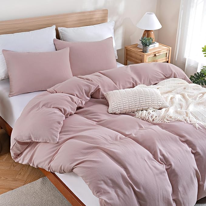 TOCOMOA Muslin Duvet Cover 100% Cotton Like Linen Texture Breathable Soft Comfy 3-Piece Pink Comforter Cover Bedding Set (King 104"x90", Comforter Not Included)