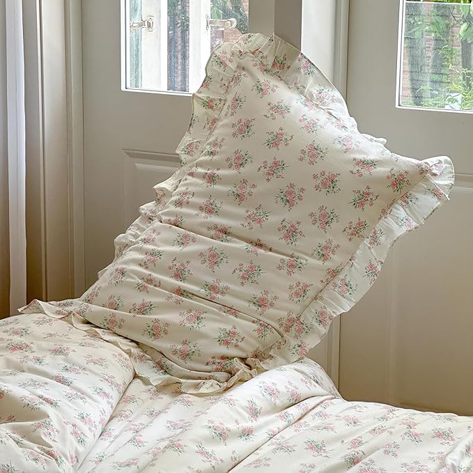mixinni Pink Floral Duvet Cover Set Full Size - 100% Cotton Ruffle Lace Bedding Set for Girls, Romantic Cottagecore Style Duvet Cover with Zipper Closure, Soft Aesthetic Princess Bedding-Full