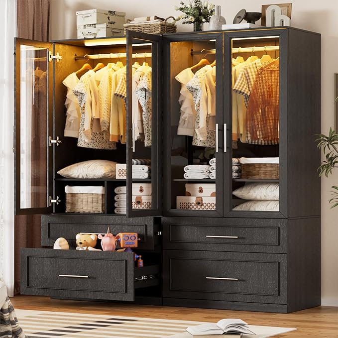 PAKASEPT Armoire Wardrobe Closet Door and Drawers, Bedroom Closet Wardrobe Cabinet with Hanging Rod, Lighted Freestanding Armoire Storage Cabinet for Bedroom Cloakroom (Black)