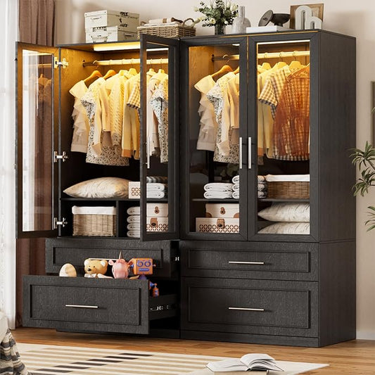 PAKASEPT Armoire Wardrobe Closet Door and Drawers, Bedroom Closet Wardrobe Cabinet with Hanging Rod, Lighted Freestanding Armoire Storage Cabinet for Bedroom Cloakroom (Black)