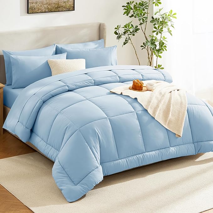 CozyLux Full Size Comforter Set Baby Blue, 7 Pieces Bed in a Bag, Blue Comforter Full Size, All Season Bedding Sets with Stitch Quilted Comforter, Flat Sheet, Fitted Sheet, Pillowcases