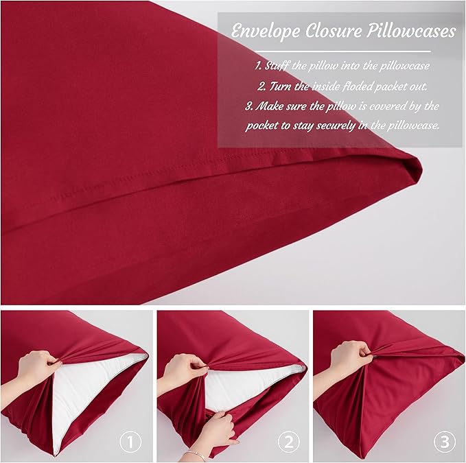 NTBAY King Pillow Cases Set of 2, 2 Pack Brushed Microfiber 20x40 Pillow Cases, Soft, Wrinkle, Fade, Stain Resistant Wine Red Pillow Cases with Envelope Closure, 20x40 Inches, Wine Red