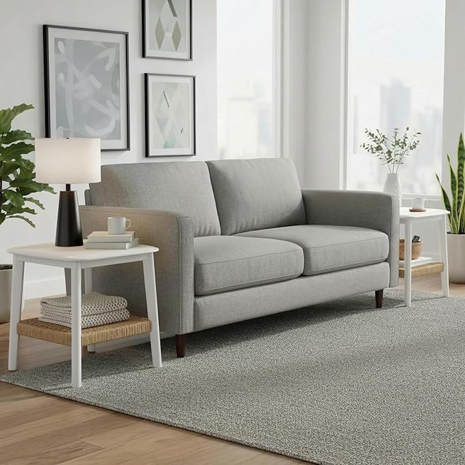 Alaterre Furniture Calais 2-Tier Small End Table with Woven Storage Shelf – Set of 2 Mid Century Modern Wooden Nightstand or Side Table for Small Spaces, Living Room & Bedroom (White)