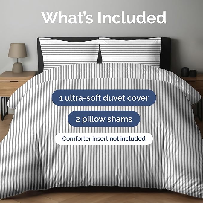 Duvet Cover King Size Set - Extra Soft King Duvet Cover 104" x 90" with 2 Pillow Shams - Hotel Luxury, Easy Care & Fade Free with Zipper Closures & Ties - All Season, Comfy & Breathable (Grey Stripes)